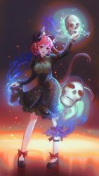 Rule 34 | 1girl, absurdres, animal ear fluff, animal ears, black bow, blue fire, bow, braid, cat ears, cat tail, dark background, dress, extra ears, fire, flaming skull, floating skull, footwear bow, ghost, green dress, highres, hitodama, holding, holding skull, kaenbyou rin, leg ribbon, miujo, multiple tails, pointy ears, puffy sleeves, red bow, red eyes, red hair, ribbon, skull, sparks, subterranean animism, tail, touhou, twin braids, two tails