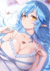 Rule 34 | 1girl, bare shoulders, blue hair, blush, breasts, camisole, choker, cleavage, elf, half updo, haoni, heart, highres, hololive, large breasts, long hair, lying, multicolored hair, on back, parted lips, pointy ears, ribbon choker, solo, streaked hair, upper body, virtual youtuber, yellow eyes, yukihana lamy
