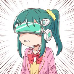 Rule 34 | 1girl, blush stickers, bow, closed mouth, collared shirt, emphasis lines, green eyes, green hair, guriin, hair ornament, hair scrunchie, head-mounted display, headgear, highres, jacket, long hair, mouth hold, open clothes, open jacket, pink jacket, ponytail, red bow, scrunchie, serizawa momoka, shirt, sidelocks, simple background, solo, sweater vest, tokyo 7th sisters, upper body, white background, white shirt, yellow scrunchie