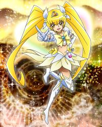 Rule 34 | 1girl, blonde hair, boots, bow, brooch, choker, cure sunshine, cure sunshine (super silhouette), elbow gloves, full body, gloves, hand on own hip, heart, heart brooch, heartcatch precure!, highres, jewelry, long hair, midriff, myoudouin itsuki, navel, official art, open mouth, pointing, precure, precure connection puzzlun, puffy short sleeves, puffy sleeves, short sleeves, smile, solo, thigh boots, third-party source, tiara, white footwear, white gloves, yellow bow, yellow choker, yellow eyes