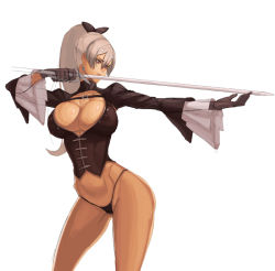 Rule 34 | 00s, 1girl, albert, bow, breasts, cleavage, collarbone, contrapposto, corset, dark skin, dark-skinned female, dungeon and fighter, female focus, female slayer (dungeon and fighter), foreshortening, gloves, hair bow, large breasts, orange eyes, panties, ponytail, silver hair, sketch, solo, standing, underwear, weapon