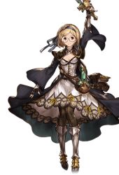 Rule 34 | 10s, 1girl, alchemist (granblue fantasy), arms up, bag, bespectacled, blonde hair, bow, bowtie, brown eyes, dagger, djeeta (granblue fantasy), dress, fingerless gloves, full body, glasses, gloves, granblue fantasy, hair ornament, hairband, hairclip, holding, holding weapon, knife, light smile, minaba hideo, official art, pantyhose, round eyewear, short hair, simple background, solo, thighhighs, transparent background, weapon, white background, wide sleeves