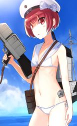 Rule 34 | 10s, 1girl, :o, bad id, bad pixiv id, bare shoulders, bikini, blue sky, blush, blush stickers, brown eyes, brown hair, clothes writing, cloud, cowboy shot, day, flat chest, groin, gun, hat, holding, holding gun, holding weapon, kantai collection, machinery, navel, outdoors, peaked cap, red eyes, sailor bikini, sailor collar, sailor hat, short hair, side-tie bikini bottom, sky, solo, swimsuit, weapon, weasel (close-to-the-edge), white bikini, white hat, z3 max schultz (kancolle)