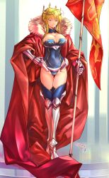Rule 34 | 1girl, absurdres, ahoge, armor, artoria pendragon (all), artoria pendragon (fate), artoria pendragon (lancer) (fate), blonde hair, blue thighhighs, braid, breasts, cleavage, cleavage cutout, clothing cutout, crown, fate/grand order, fate (series), french braid, full body, gauntlets, greaves, green eyes, heattech leotard, highres, large breasts, saber (fate), solo, standing, thighhighs, turtleneck, yanami (yanayana company)