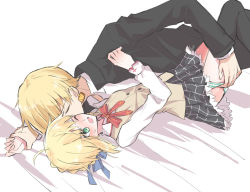 Rule 34 | 1boy, 1girl, artoria pendragon (all), artoria pendragon (fate), bed sheet, black jacket, black skirt, black thighhighs, blonde hair, blue ribbon, closed eyes, collared shirt, couple, earrings, fate/stay night, fate (series), gilgamesh (fate), green eyes, hair ribbon, hetero, holding another&#039;s wrist, homurahara academy school uniform, jacket, jewelry, long sleeves, lying, miniskirt, nayu tundora, neck ribbon, on back, one eye closed, open clothes, open jacket, panties, panty pull, pleated skirt, pulling another&#039;s clothes, red ribbon, ribbon, saber (fate), school uniform, shirt, short hair, sketch, skirt, striped clothes, striped panties, sweatdrop, thighhighs, underwear, white background, white shirt, wing collar