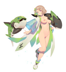 Rule 34 | 1girl, ankle boots, bare legs, bigrbear, blush, boots, breasts, breasts apart, breasts out, brown hair, cleft of venus, clenched hand, coat, collarbone, fish, fish hair ornament, flower, full moon, green hair, hair ornament, highres, jewelry, long sleeves, looking at viewer, machinery, medium breasts, moon, multicolored coat, multicolored hair, navel, nipples, open clothes, open coat, original, parted lips, purple eyes, pussy, ring, see-through, short hair, simple background, smile, solo, stomach, two-tone coat, two-tone hair, uncensored, underwear, white background, white flower, wide sleeves