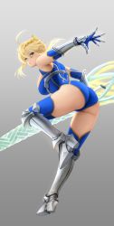 Rule 34 | 1girl, absurdres, ahoge, armored boots, artoria pendragon (fate), artoria pendragon (lancer) (fate), ass, blonde hair, blue leotard, boots, braid, braided bun, breasts, commentary request, fate/grand order, fate (series), floating hair, from behind, full body, gauntlets, green eyes, hair bun, heattech leotard, highres, holding, holding lance, holding polearm, holding weapon, lance, large breasts, legs, leotard, looking back, parted lips, polearm, solo, thigh boots, thighhighs, thighs, tiara, turtleneck, vambraces, weapon, yamaneko (tkdrumsco)