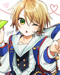 Rule 34 | 1boy, ap51, blonde hair, blush, earrings, ensemble stars!, green eyes, headset, heart, heart earrings, heart of string, highres, jewelry, long sleeves, looking at viewer, male focus, microphone, official alternate costume, one eye closed, open mouth, shiratori aira (ensemble stars!), short hair, signature, solo, white background