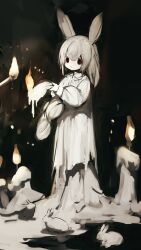 Rule 34 | 1girl, albino, animal, animal ears, black background, burning, candle, closed mouth, commentary, dark background, dress, fire, full body, grey hair, hand up, hands up, highres, holding, long sleeves, looking ahead, matches, medium hair, original, puffy sleeves, rabbit, rabbit ears, red eyes, shirokujira, solo, standing, white dress, white rabbit (animal)