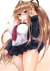 Rule 34 | 1girl, azur lane, black-framed eyewear, black cardigan, black ribbon, black skirt, blush, braid, breasts, brown background, brown hair, cardigan, closed mouth, collared shirt, commentary request, diagonal-striped clothes, diagonal-striped necktie, diagonal-striped neckwear, dress shirt, fingernails, glasses, gradient background, hair between eyes, hair ribbon, highres, large breasts, long hair, long sleeves, necktie, open cardigan, open clothes, panties, plaid, plaid skirt, pleated skirt, purple panties, red eyes, red neckwear, ribbon, ryara, semi-rimless eyewear, shirt, skirt, sleeves past wrists, smile, solo, star (symbol), striped clothes, striped neckwear, swiftsure (azur lane), swiftsure (study hall cyclamen) (azur lane), under-rim eyewear, underwear, very long hair, white background, white shirt