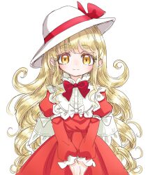 Rule 34 | 1girl, aged down, alternate hair length, alternate hairstyle, blonde hair, bow, capelet, commentary request, dress, elly (touhou), frilled sleeves, frills, hat, hat bow, long hair, long sleeves, red bow, red dress, red ribbon, ribbon, s-a-murai, smile, solo, touhou, touhou (pc-98), very long hair, white background, white capelet, white hat, yellow eyes