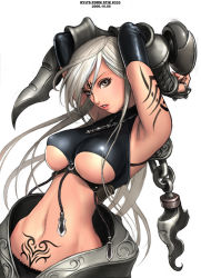 Rule 34 | 00s, 1girl, 2006, arm tattoo, armpits, breasts, curvy, dated, eyelashes, facial tattoo, female focus, grey hair, hair between eyes, jewelry, large breasts, long hair, looking at viewer, necklace, original, pubic tattoo, revealing clothes, ryu (ryu&#039;s form site), simple background, skindentation, solo, stomach tattoo, swept bangs, tattoo, underboob, very long hair, white background