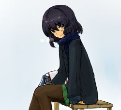 Rule 34 | 10s, 1girl, arm support, black hair, black pantyhose, blue coat, blue scarf, can, canned coffee, closed mouth, coat, dark-skinned female, dark skin, drink can, from side, girls und panzer, green eyes, holding, hoshino (girls und panzer), long sleeves, looking at viewer, oimo mushi, ooarai school uniform, pantyhose, scarf, school uniform, short hair, simple background, sitting, smile, solo, white background, winter clothes