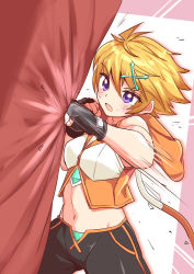 Rule 34 | 1girl, black gloves, black shorts, blonde hair, clenched hands, commentary, cougar (cougar1404), cropped hoodie, fingerless gloves, gloves, hair ornament, hood, hood down, hoodie, midriff, motion blur, navel, open mouth, orange hoodie, punching, punching bag, purple eyes, short hair, shorts, sleeveless, sleeveless hoodie, solo, standing, sweat, x hair ornament, xiol (cougar1404)