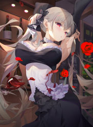 Rule 34 | 1girl, absurdres, alcohol, armpits, azur lane, black dress, black ribbon, blush, breasts, choker, cleavage, commentary, corset, cup, detached sleeves, dress, drinking glass, flower, formidable (azur lane), frilled dress, frills, grey hair, hair ribbon, highres, large breasts, long hair, looking at viewer, open mouth, petals, red eyes, red flower, red rose, revision, ribbon, rose, rose petals, sidelocks, solo, somna, standing, twintails, twisted torso, very long hair, wine, wine glass