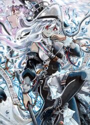 Rule 34 | air bubble, alternate form, arknights, belt buckle, black dress, black footwear, boots, bubble, buckle, dress, grey hair, hanging scroll, hat, high heel boots, high heels, long hair, looking at viewer, pantyhose, pirate hat, pointy hat, puffy sleeves, red eyes, ribbon, scroll, shoulder strap, specter (arknights), specter the unchained (arknights), thigh strap, thighhighs, thighhighs over pantyhose, traditional media, underwear, very long hair