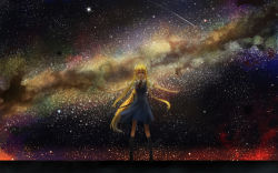 Rule 34 | 00s, 1girl, air (visual novel), blonde hair, boots, dress, hair ribbon, hbptcsg2, kamio misuzu, long hair, milky way, night, night sky, outstretched arms, ribbon, sky, solo, spread arms, star (sky), very long hair, zi ye (hbptcsg2)