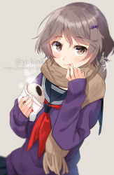 Rule 34 | 1girl, baozi, black sailor collar, black skirt, bow, brown eyes, brown hair, brown scarf, closed mouth, commentary request, food, fringe trim, grey background, hair between eyes, hair bow, highres, holding, holding food, long sleeves, looking at viewer, neckerchief, nekozuki yuki, original, pleated skirt, purple bow, purple sweater, red neckerchief, sailor collar, scarf, school uniform, serafuku, signature, simple background, skirt, sleeves past wrists, solo, sweater, tongue, tongue out, twitter username, upper body, watermark, web address