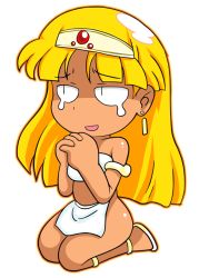 Rule 34 | 1girl, bare shoulders, barefoot sandals (jewelry), blonde hair, blunt bangs, chibi, claire (hihouden), dark-skinned female, dark skin, earrings, full body, gem, hairband, hihouden, interlocked fingers, jewelry, kneeling, long hair, noise (lesion949), open mouth, outline, own hands clasped, own hands together, sandals, seiza, simple background, sitting, slit pupils, solo, tears, tiara, white background