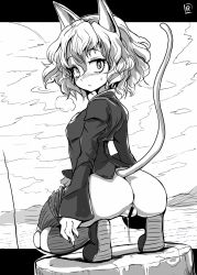 Rule 34 | 1girl, :&lt;, animal ears, anus, ass, bar censor, blush, cat ears, cat tail, censored, cleft of venus, closed mouth, clothes pull, doll joints, dripping, female pubic hair, from behind, greyscale, hunter x hunter, joints, kneehighs, long sleeves, looking back, messy hair, monochrome, neferpitou, no panties, peeing, pubic hair, puddle, pussy, pussy juice, pussy juice puddle, pussy juice trail, ryuno, shoes, short hair, shorts, shorts pull, socks, solo, squatting, sweatdrop, tail, wavy hair