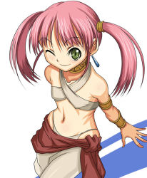 Rule 34 | 1girl, armlet, atlus, bard (sekaiju), bare shoulders, blush, bracer, choker, covered erect nipples, crop top, earrings, etrian odyssey, flat chest, green eyes, jewelry, looking at viewer, midriff, navel, one eye closed, pants, pink hair, sarong, see-through, simple background, smile, solo, syunzou, twintails, wide hips, wink