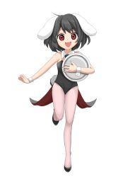 Rule 34 | 1girl, alternate costume, animal ears, black footwear, black hair, black leotard, black necktie, breasts, chinese zodiac, commentary request, detached collar, floppy ears, full body, harukawa moe (style), highres, holding, holding tray, inaba tewi, keiki8296, leotard, looking at viewer, necktie, official style, open mouth, pantyhose, parody, pink pantyhose, playboy bunny, rabbit ears, rabbit girl, rabbit tail, red eyes, shoes, short hair, simple background, small breasts, smile, solo, strapless, strapless leotard, style parody, tail, touhou, tray, walking, white background, wrist cuffs, year of the rabbit