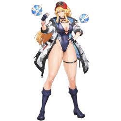 Rule 34 | 1girl, ball, baseball cap, beachball, black choker, black hat, blonde hair, blue footwear, blue gloves, blue one-piece swimsuit, boots, breasts, camouflage, camouflage jacket, choker, cleavage, closed mouth, collarbone, covered navel, drone, fingerless gloves, floating, floating object, full body, game cg, gloves, hair between eyes, hand on own hip, hat, high heel boots, high heels, highleg, highleg swimsuit, highres, holding, holding whistle, indomitable marie, jacket, large breasts, last origin, leaf print, legs apart, linea alba, long hair, looking at viewer, military jacket, multi-strapped swimsuit, multicolored clothes, multicolored hat, o-ring, o-ring thigh strap, official alternate costume, official art, one-piece swimsuit, open clothes, open jacket, red hat, rubber boots, serious, sidelocks, simple background, skindentation, solo, standing, swimsuit, swimsuit under clothes, tachi-e, thick thighs, thigh strap, thighs, transparent background, tunamayo (dsasd751), whistle, white jacket, yellow eyes