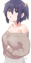 Rule 34 | 1girl, :o, alternate costume, bad id, bad pixiv id, bare shoulders, blue eyes, breasts, chuunibyou demo koi ga shitai!, collarbone, commentary request, contact lens, gunu (nyzn3223), hair between eyes, hair ribbon, heterochromia, highres, large breasts, long neck, looking at viewer, off shoulder, open mouth, pants, ribbon, short hair, signature, simple background, solo, sweater, sweater tucked in, takanashi rikka, white background, white pants, yellow eyes, yellow ribbon