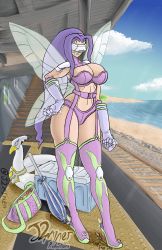 Rule 34 | 1girl, arms at sides, artist name, bag, beach, belt, bikini, blue sky, boots, bra, breasts, butterfly hair ornament, butterfly wings, butterfly wings gauntlets, cleavage, cloud, deviantart, deviantart username, digimon, digimon (creature), digimon frontier, facial mark, fairimon, garter straps, gauntlets, hair ornament, hand on own hip, highleg, highleg panties, highres, insect wings, j2miner, large breasts, lingerie, long hair, navel, panties, purple bikini, purple bra, purple hair, purple panties, shoulder pads, sky, solo, standing, swimsuit, thighhighs, train station, umbrella, underwear, visor (armor), waiting, wings
