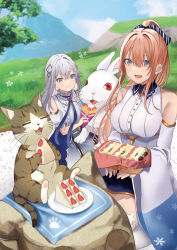 Rule 34 | 2girls, bare shoulders, blue eyes, cat, closed eyes, closed mouth, commentary request, crossed bangs, detached sleeves, eating, hair ornament, hamu (plot sy), highres, long hair, long sleeves, looking at another, multiple girls, orange hair, original, outdoors, picnic, rabbit, red eyes, silver hair, sitting, smile, whiskers, wide sleeves