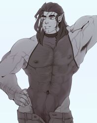 Rule 34 | 1boy, alternate hairstyle, armpits, baldur&#039;s gate, baldur&#039;s gate 3, bara, bare pectorals, brown hair, brown theme, contemporary, contrapposto, covered erect nipples, covered navel, cowboy shot, dark-skinned male, dark skin, dungeons &amp; dragons, elf, hairy, halsin, highres, large pectorals, looking to the side, maison, male focus, male pubic hair, mature male, medium hair, monochrome, muscular, muscular male, nipples, pectorals, pointy ears, pubic hair, see-through, see-through shirt, sidepec, solo, sparse chest hair, sparse navel hair, thick arm hair, thick eyebrows