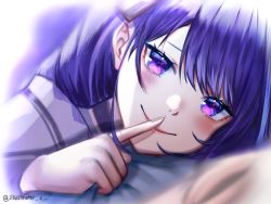 Rule 34 | 1girl, blunt bangs, closed mouth, commentary, english commentary, finger to mouth, genshin impact, illustrator x, japanese clothes, kimono, long hair, looking at viewer, purple eyes, purple hair, raiden shogun, shushing, smile, solo, twitter username