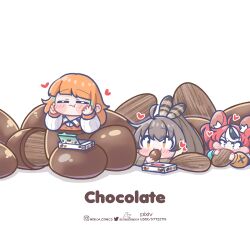 Rule 34 | 3girls, almond, animal ears, blush, blush stickers, brown hair, chibi, chocolate, commentary, eating, english commentary, english text, feather hair ornament, feathers, hair ornament, hakos baelz, hakos baelz (1st costume), heart, highres, hololive, hololive english, instagram username, monja (monja0521), mouse ears, multiple girls, nanashi mumei, nanashi mumei (1st costume), orange hair, pixiv username, ponytail, red hair, takanashi kiara, takanashi kiara (1st costume), twitter username, virtual youtuber