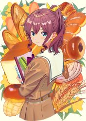 Rule 34 | 1girl, baguette, bang dream!, belt, blue eyes, blush, book, bread, brown hair, brown shirt, brown skirt, closed mouth, commentary request, croissant, cropped torso, flower, food, hair between eyes, hair ribbon, holding, holding book, leaf, loaf of bread, long hair, long sleeves, looking at viewer, looking back, melon bread, pencil case, poligon (046), ponytail, ribbon, sailor collar, school uniform, shirt, sidelocks, skirt, solo, wavy hair, white sailor collar, yamabuki saya, yellow flower, yellow ribbon