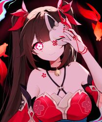 Rule 34 | 1girl, bare shoulders, bell, black background, black choker, black hair, choker, commentary, criss-cross halter, detached sleeves, dress, flower-shaped pupils, glowing, glowing eye, hair ornament, halter dress, halterneck, hand up, highres, holding, holding mask, honkai: star rail, honkai (series), koi, long hair, looking at viewer, mask, mole, mole under each eye, mole under eye, multiple moles, neck bell, nirako mona, one eye covered, pink eyes, red dress, simple background, solo, sparkle (honkai: star rail), symbol-shaped pupils, twintails, upper body