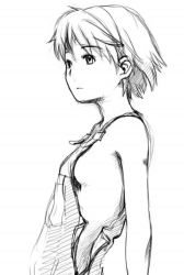 Rule 34 | 1girl, breasts, greyscale, hidari kagetora, monochrome, naked overalls, original, overalls, sideboob, simple background, sketch, small breasts, solo, white background