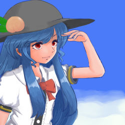 Rule 34 | 1girl, above clouds, blue hair, blue sky, bow, cloud, eyelashes, facing away, faux traditional media, food, fruit, hat, hinanawi tenshi, leaf, light smile, long hair, looking at hand, peach, red eyes, short sleeves, sidelocks, sky, solo, touhou, uisu (noguchipint), upper body