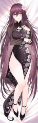 Rule 34 | 1girl, :d, absurdres, bed sheet, black dress, black footwear, breasts, brown hair, china dress, chinese clothes, commentary request, dakimakura (medium), dress, floral print, flower, full body, hair between eyes, hair flower, hair ornament, hand up, highres, kinona, long hair, long sleeves, lying, medium breasts, on back, open mouth, original, pelvic curtain, pink flower, print dress, puffy long sleeves, puffy sleeves, red eyes, shoes, smile, solo, very long hair