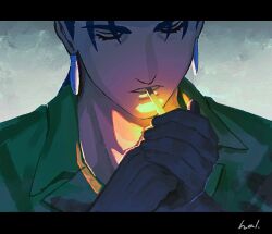 Rule 34 | 1boy, cigarette, closed eyes, collared shirt, cu chulainn (fate), earrings, eyelashes, facing viewer, fate/stay night, fate (series), fire, glowing, green shirt, grey background, hal (haaaalhal), jewelry, letterboxed, lighting cigarette, male focus, mouth hold, shirt, signature, upper body
