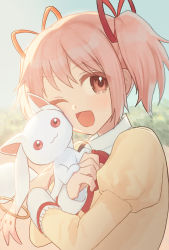 Rule 34 | 1girl, ;d, blush, colored eyelashes, creature, hair ribbon, highres, holding, holding creature, hug, juliet sleeves, kaname madoka, kumonon (8f2k3), kyubey, long sleeves, looking to the side, mahou shoujo madoka magica, mahou shoujo madoka magica (anime), mitakihara school uniform, one eye closed, open mouth, pink eyes, pink hair, puffy sleeves, ribbon, school uniform, short hair, smile, sunlight, twintails