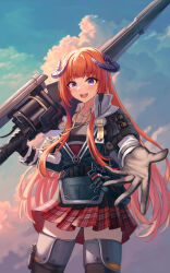 Rule 34 | 1girl, :d, absurdres, arknights, bagpipe (arknights), black footwear, black gloves, blue jacket, blue sky, blunt bangs, blush, boots, breasts, collared shirt, daisy cutter, day, dragon horns, gloves, highres, holding, holding weapon, horns, huge weapon, jacket, long hair, long sleeves, looking at viewer, medium breasts, miniskirt, open clothes, open jacket, open mouth, orange hair, outdoors, outstretched arm, plaid, plaid skirt, pleated skirt, pov, purple eyes, red skirt, shirt, skirt, sky, smile, solo, thigh boots, thighhighs, very long hair, weapon, white shirt, zettai ryouiki