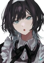 Rule 34 | 1girl, absurdres, black hair, blue eyes, blush, character request, collar, frills, highres, looking at viewer, maid, medium hair, open mouth, original, portrait, shirt, signature, simple background, white background, white collar, white shirt, zohyo