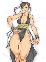 Rule 34 | 1990s (style), 1girl, alternate costume, bare shoulders, braid, breasts, capcom, china dress, chinese clothes, chun-li, dress, female focus, kyuraa (kyura9een), nipples, retro artstyle, short hair, simple background, smile, solo, street fighter, street fighter ii (series), street fighter iv (series), thick thighs, thighs