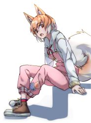 Rule 34 | 1girl, :o, alternate costume, animal ear fluff, animal ears, brown eyes, crossed ankles, dog (shiba inu) (kemono friends), dog ears, dog girl, dog tail, drawstring, extra ears, full body, highres, hood, hood down, hoodie, kemono friends, long sleeves, looking at viewer, multicolored hair, open mouth, orange hair, overalls, pink overalls, short hair, simple background, sitting, solo, tail, tanabe (fueisei), two-tone hair, white background, white hair, white hoodie