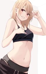 Rule 34 | 1girl, absurdres, black panties, blonde hair, blush, breasts, clothes pull, collarbone, commentary request, grin, groin, gym shorts, highres, kapatarou, medium hair, navel, original, panties, pink nails, red eyes, shorts, shorts pull, simple background, small breasts, smile, solo, sports bra, teeth, underwear, white background