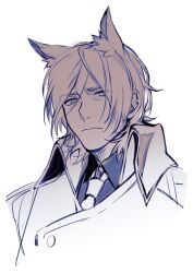 Rule 34 | 1boy, animal ear fluff, animal ears, arknights, coat, collared shirt, frown, hair over one eye, high collar, highres, horse boy, horse ears, ieiieiiei, looking at viewer, male focus, mlynar (arknights), monochrome, necktie, sepia, shirt, short hair, simple background, sketch, solo, upper body, white background