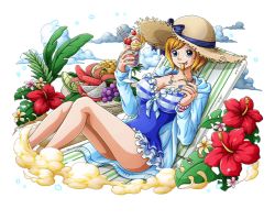 Rule 34 | 1girl, :p, blonde hair, blue eyes, blue jacket, blue one-piece swimsuit, blue ribbon, bodskih, breasts, casual one-piece swimsuit, cleavage, collarbone, flower, frilled swimsuit, frills, hat, hat ribbon, hibiscus, hooded jcket, jacket, jewelry, koala (one piece), large breasts, looking at viewer, necklace, one-piece swimsuit, one piece, one piece treasure cruise, open clothes, open jacket, parfait, red flower, ribbon, short hair, sitting, solo, straw hat, striped ribbon, sun hat, swimsuit, tongue, tongue out, transparent background