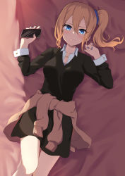 Rule 34 | 1girl, absurdres, black dress, blonde hair, blue eyes, blue nails, blush, cellphone, clothes around waist, collarbone, commentary request, dress, glint, hair between eyes, hayasaka ai, highres, holding, holding phone, indoors, ishikane aoi, jewelry, kaguya-sama wa kokurasetai ~tensai-tachi no renai zunousen~, long hair, looking at viewer, lying, nail polish, necklace, on back, on bed, open collar, phone, school uniform, scrunchie, shirt, side ponytail, sidelocks, skirt, sleeves rolled up, smartphone, solo, sweater, sweater around waist, white shirt