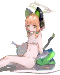 Rule 34 | 1girl, absurdres, animal ear headphones, animal ears, bikini, blonde hair, blue archive, blue bow, blush, bow, breasts, closed mouth, commentary request, double popsicle, fake animal ears, feet out of frame, food, green eyes, hair bow, halo, headphones, highres, holding, holding food, jacket, long sleeves, looking at viewer, midori (blue archive), off shoulder, popsicle, shadow, sidelocks, simple background, sitting, small breasts, solo, striped bikini, striped clothes, swimsuit, tail, tota (sizukurubiks), white background, white jacket, wide sleeves
