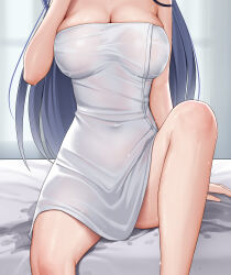 Rule 34 | 1girl, blue hair, breasts, cleavage, clorinde (genshin impact), close-up, commentary request, covered navel, dakimakura (medium), dark blue hair, genshin impact, highres, indoors, keine09, knee up, large breasts, long hair, naked towel, on bed, paid reward available, sitting, solo, towel, wet, wet towel